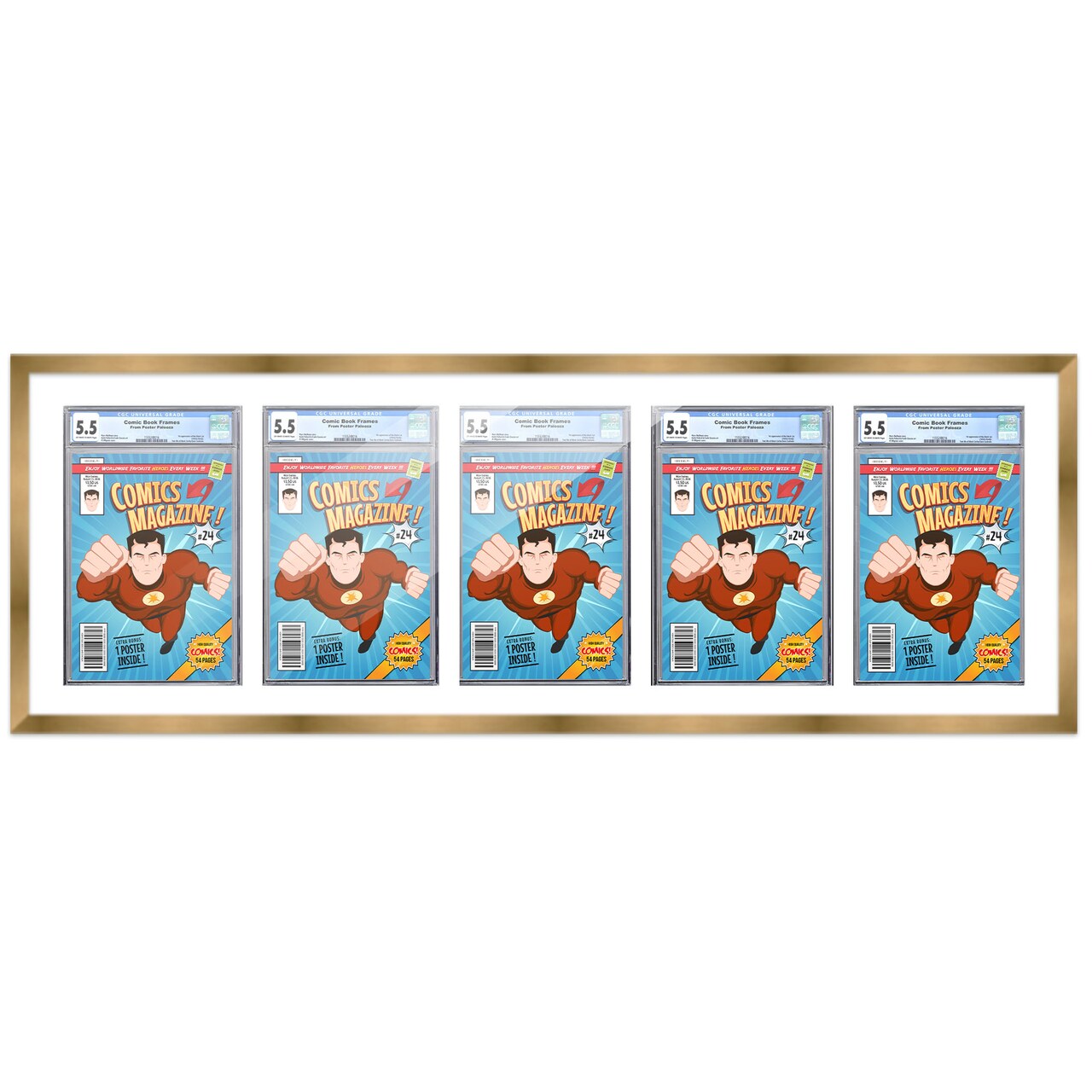 Comic Book Display Frame for CGC, PGX Graded, Slabed Comics - Bronze Wood Comic Frame With White Mat for 8.125x13 Comics, 18 Frame Sizes
